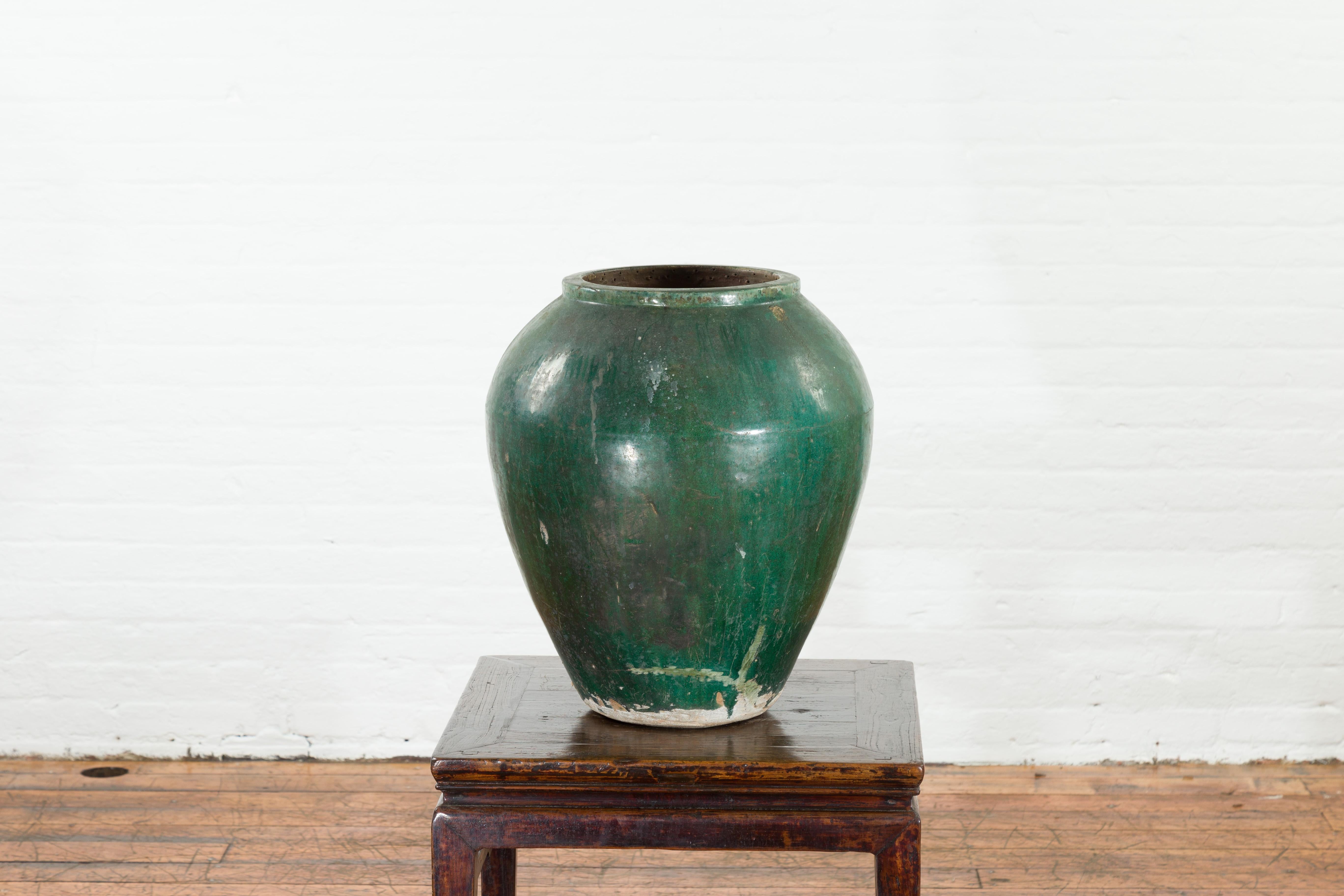 Ceramic Chinese Vintage Water Jar with Verde Patina and Weathered Appearance