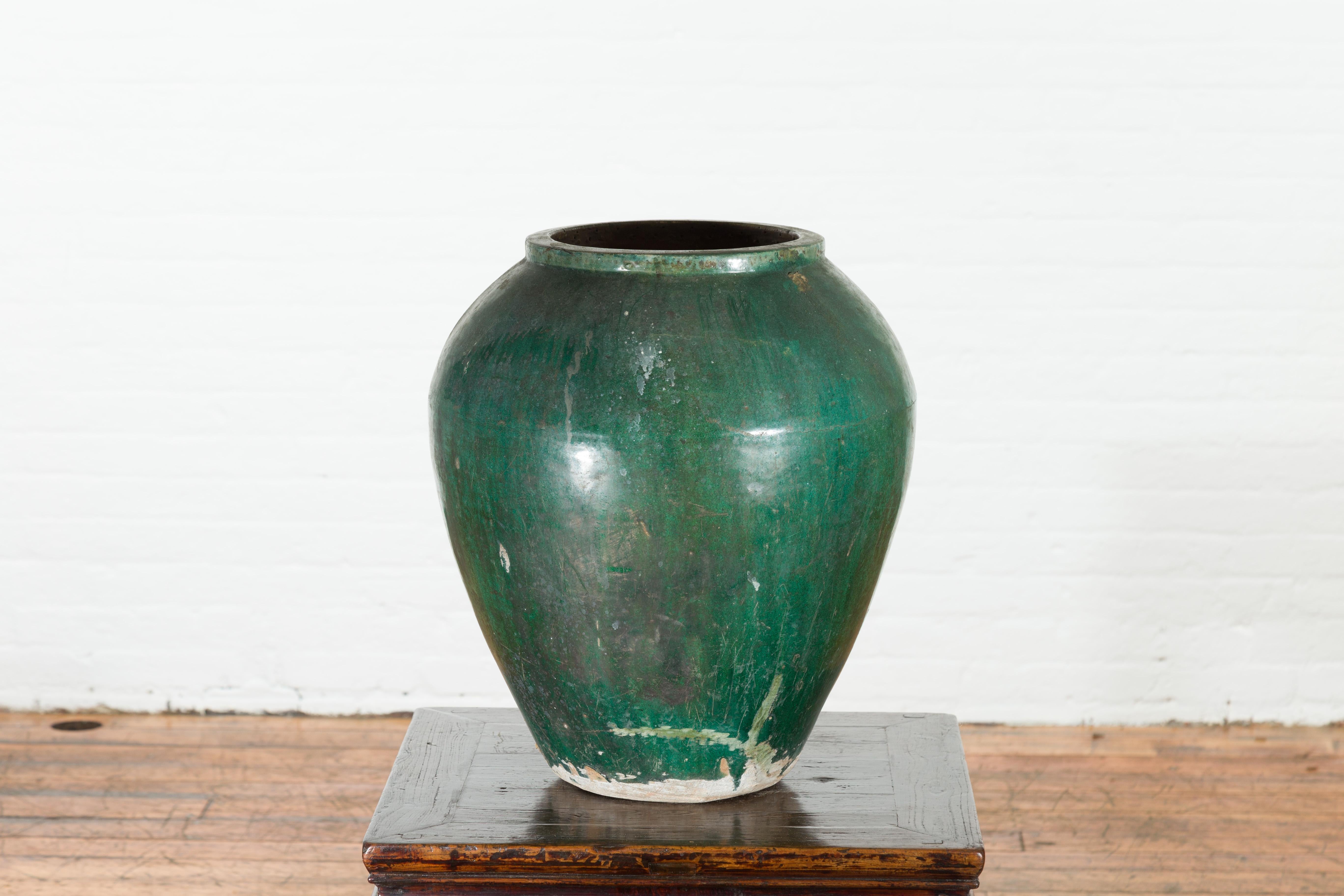 Chinese Vintage Water Jar with Verde Patina and Weathered Appearance 1