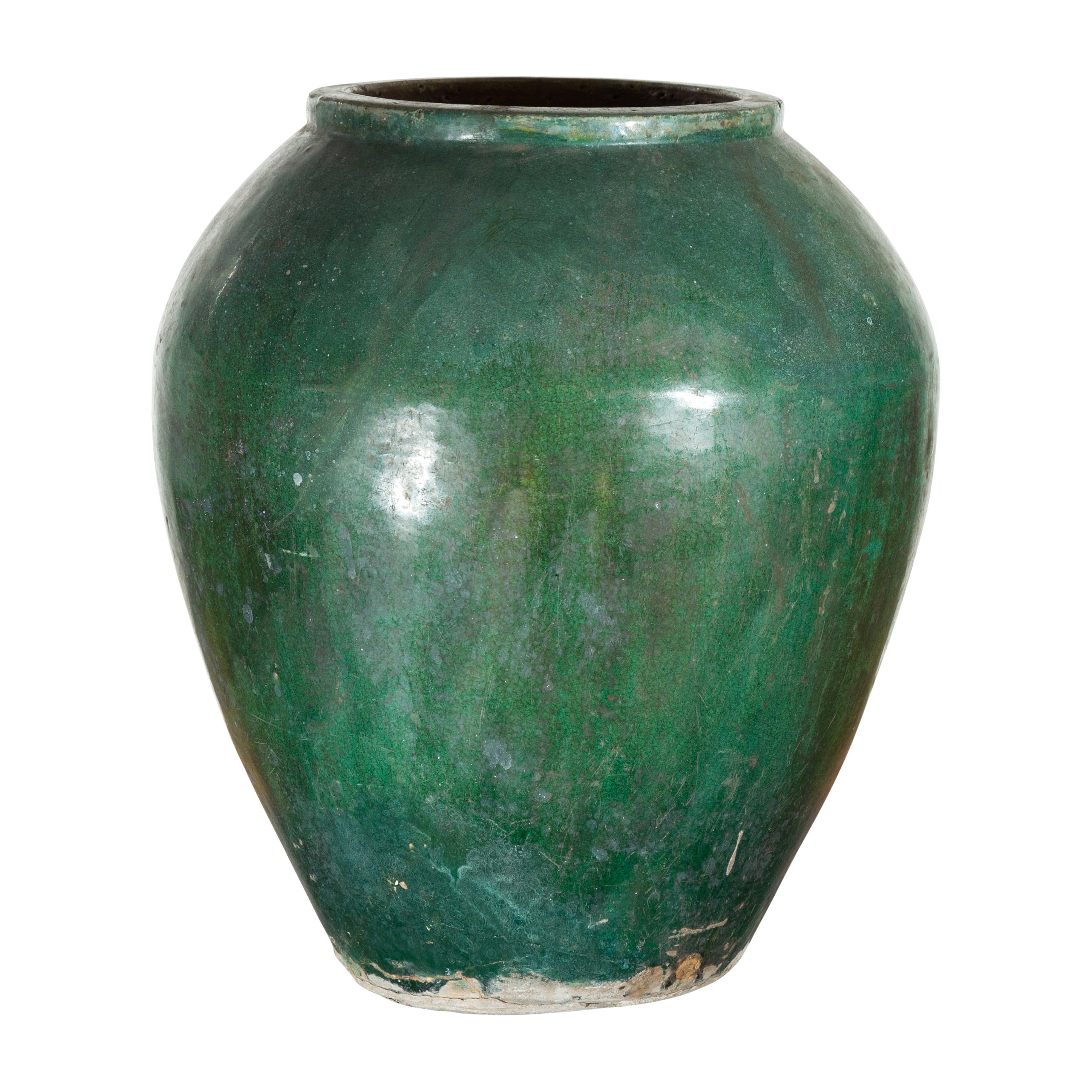 Chinese Vintage Water Jar with Verde Patina and Weathered Appearance