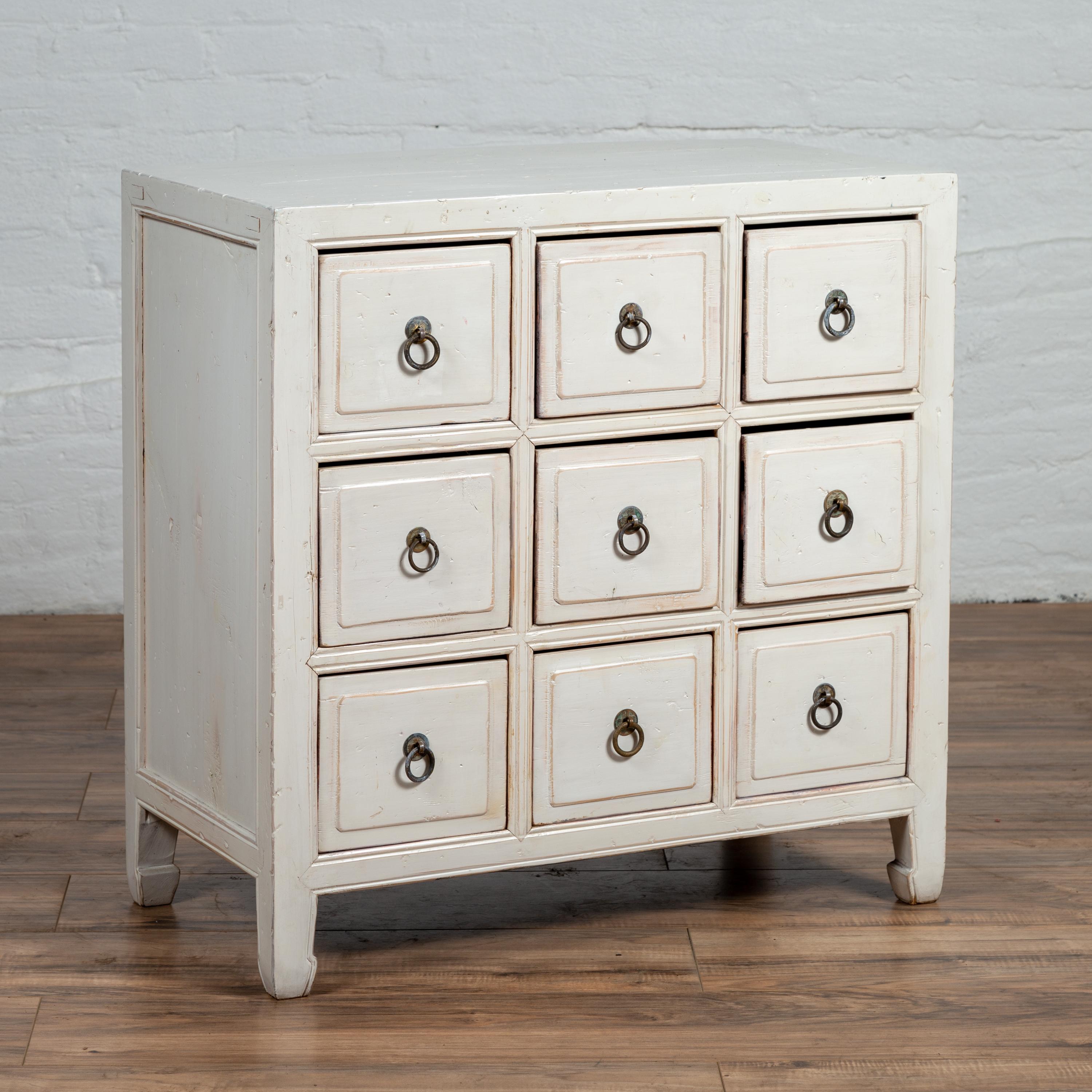 Chinese Vintage White Painted Wood Nine-Drawer Apothecary Chest, circa 1950 3