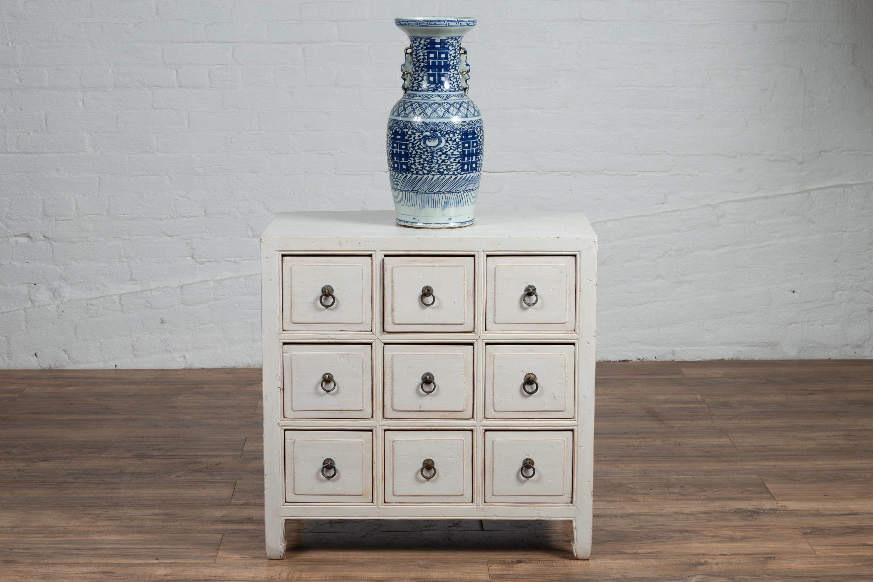 Chinese Vintage White Painted Wood Nine-Drawer Apothecary Chest, circa 1950 9