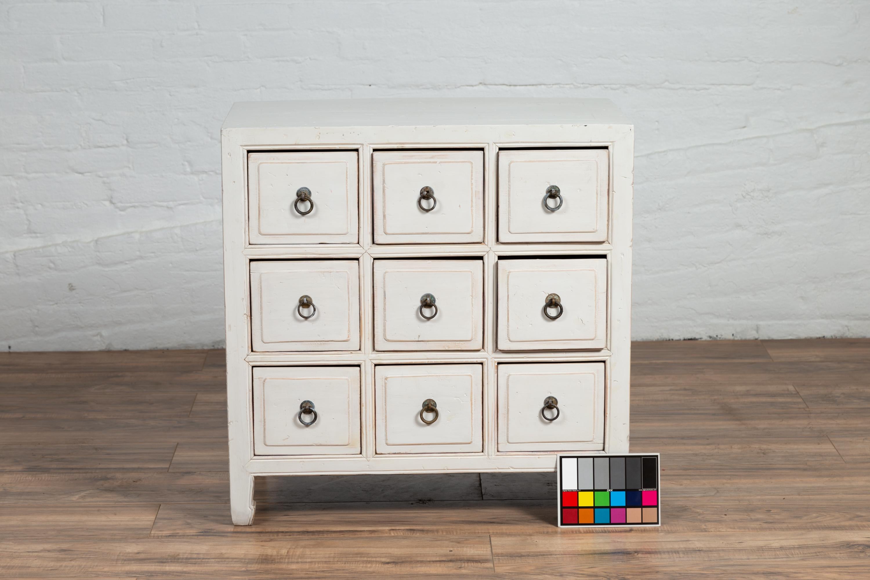 Chinese Vintage White Painted Wood Nine-Drawer Apothecary Chest, circa 1950 10