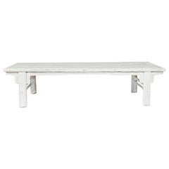 Chinese Vintage Whitewashed Coffee Table with Carved Spandrels and Stretchers