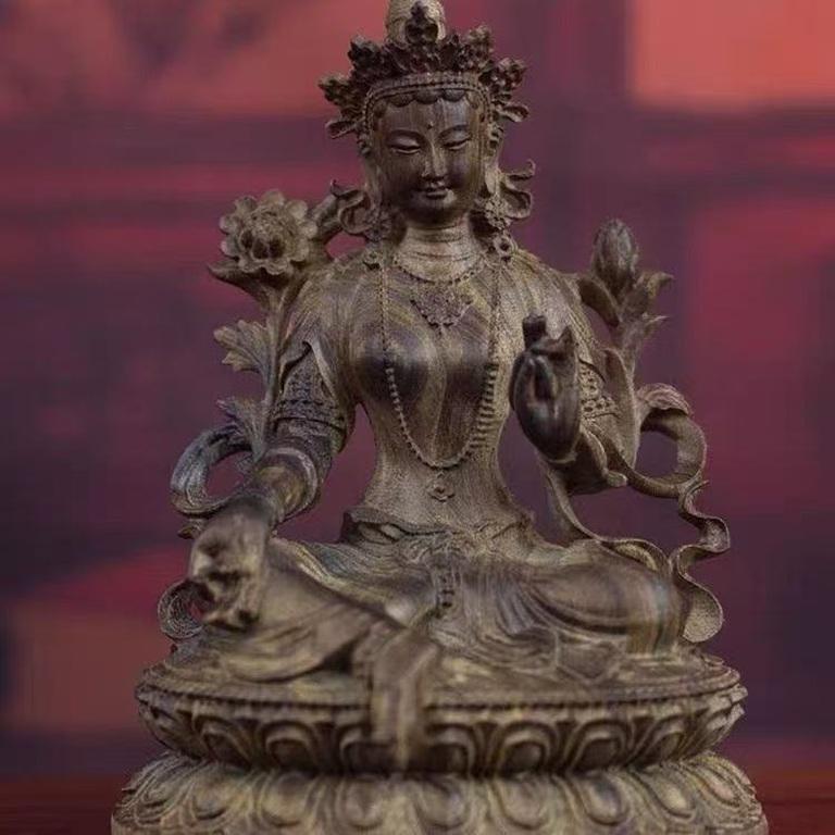 Estatua Buda Tara Verde Sentado Tallada a Mano en Madera Vintage China en Bastante bueno estado para la venta en 景德镇市, CN