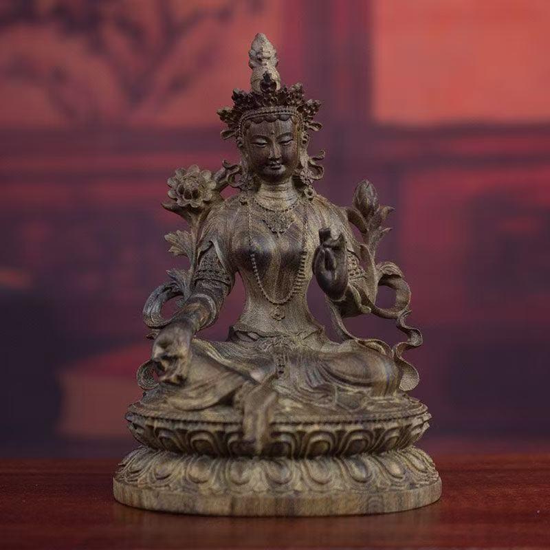 Estatua Buda Tara Verde Sentado Tallada a Mano en Madera Vintage China en venta 1