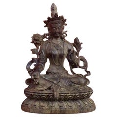 Chinese Vintage Wood Carving Handcraft Sitting Green Tara Buddha Statue