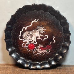 Chinese Vintage Wood Carving Plate with Shell Inlay Lions Design