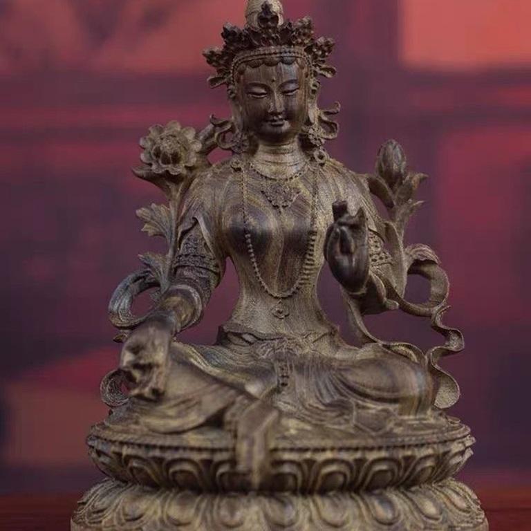19th Century Chinese Vintage Wood Carving Sitting Green Tara Buddha Statue