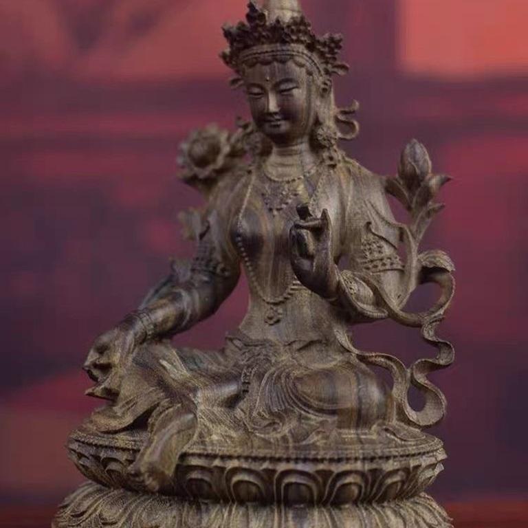 Chinese Vintage Wood Carving Sitting Green Tara Buddha Statue 3