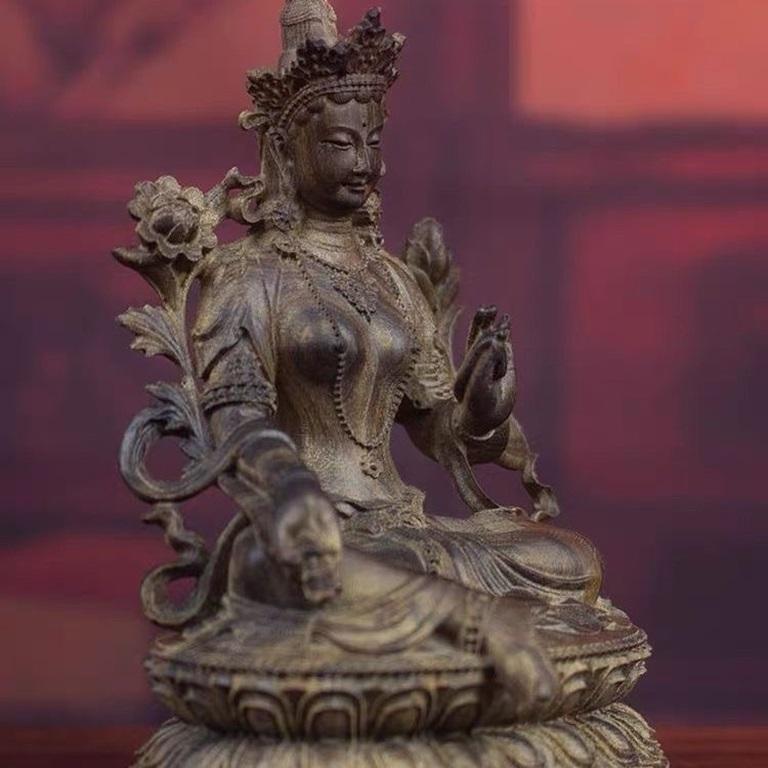 Chinese Vintage Wood Carving Sitting Green Tara Buddha Statue 4