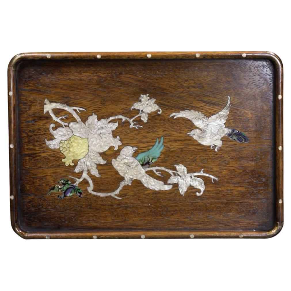 35cm Chinese Vintage Wood Carving Square Plate with Shell Birds Flowers