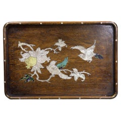 35cm Chinese Vintage Wood Carving Square Plate with Shell Birds Flowers