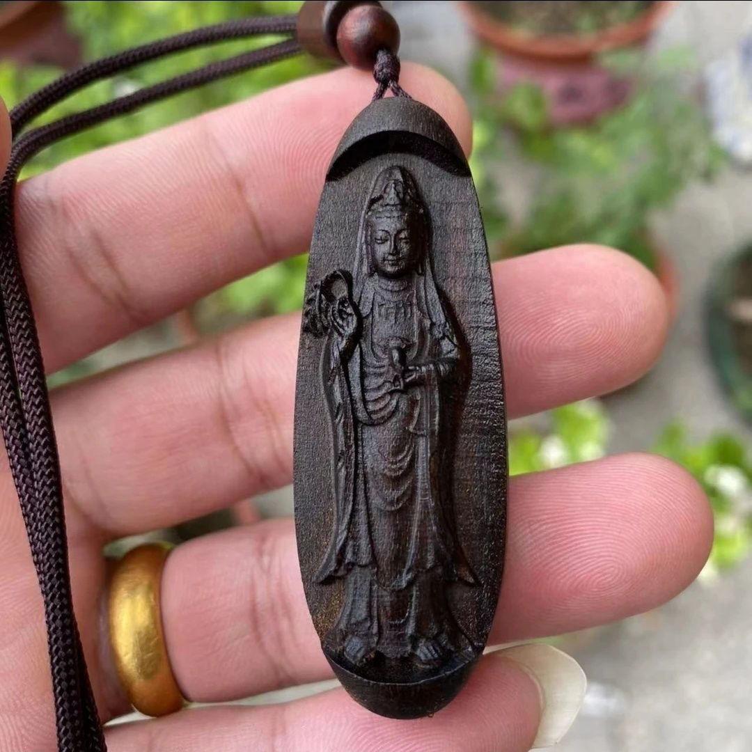 19th Century Chinese Vintage Wood Carving Standing Buddha Statue Pendent For Sale