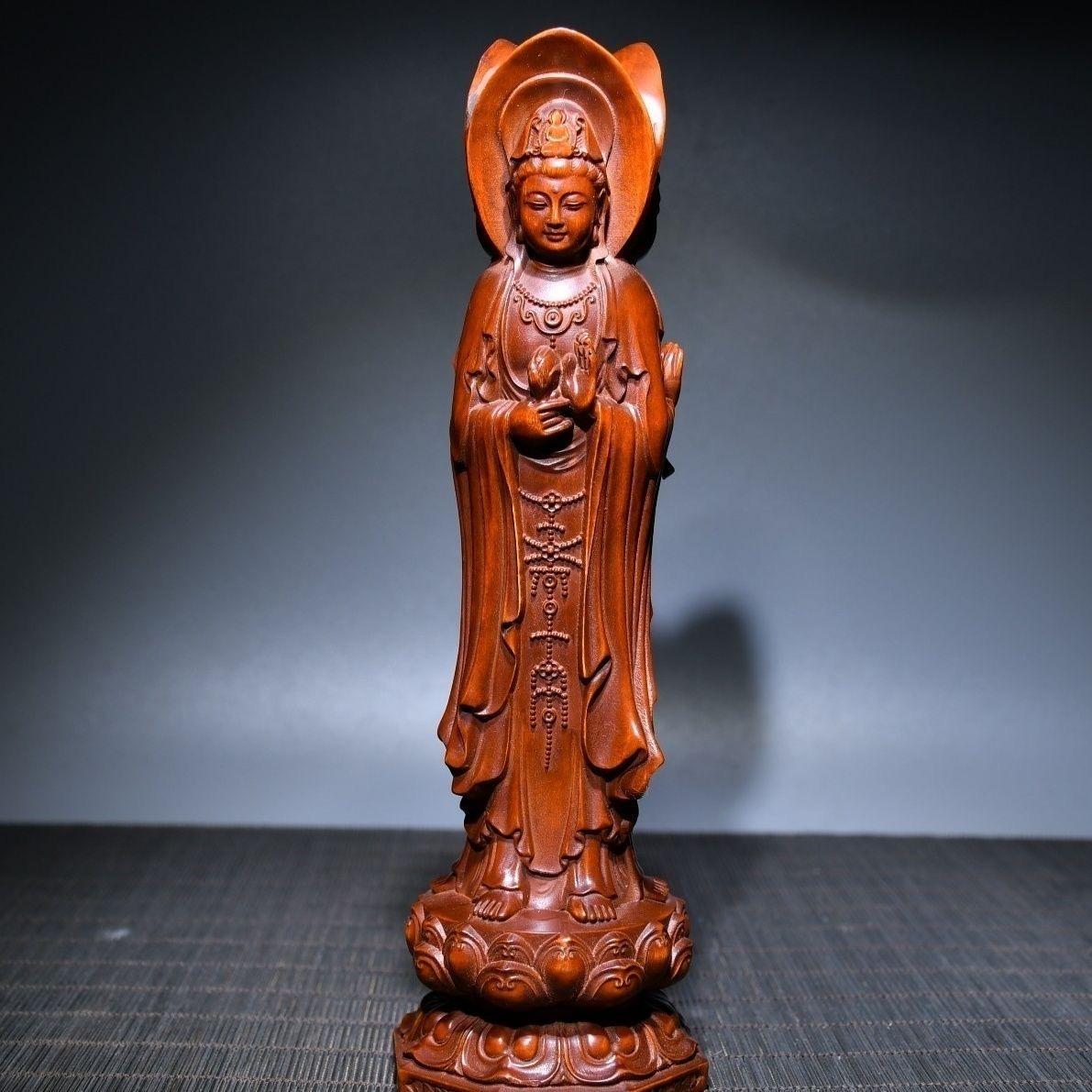 Chinese Vintage Wood Carving Three Sided Guan Yin Buddhas Statue In Good Condition For Sale In 景德镇市, CN