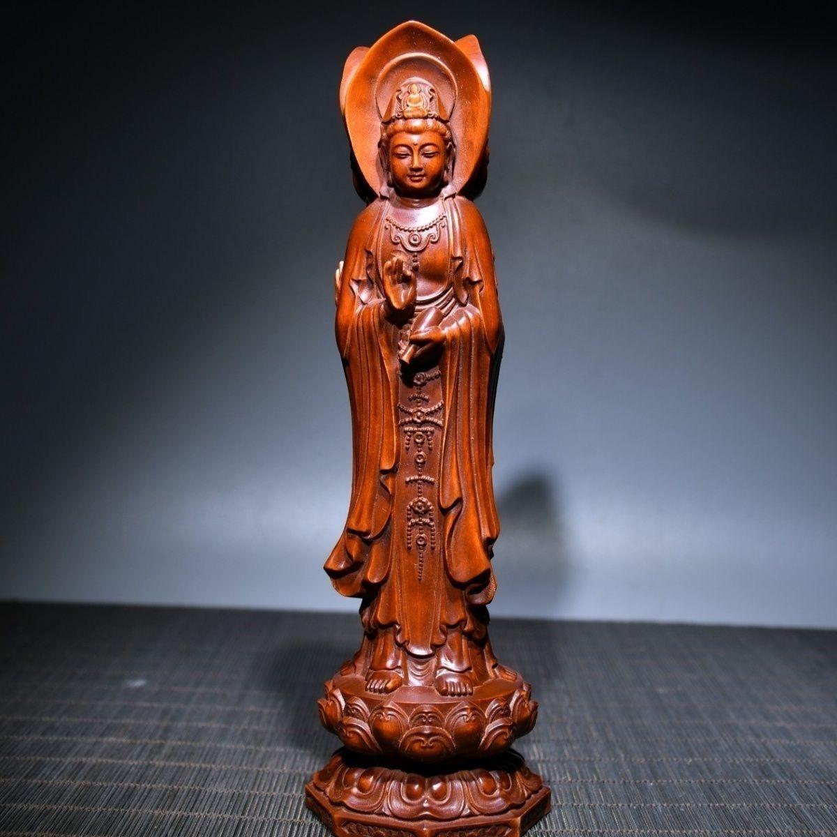 19th Century Chinese Vintage Wood Carving Three Sided Guan Yin Buddhas Statue For Sale