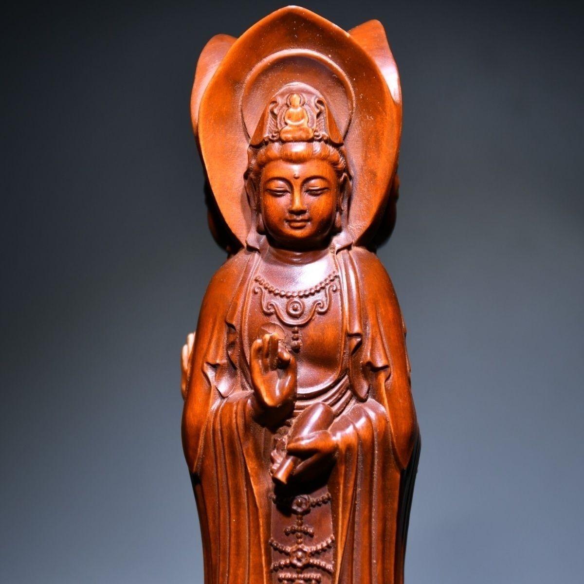 Boxwood Chinese Vintage Wood Carving Three Sided Guan Yin Buddhas Statue For Sale