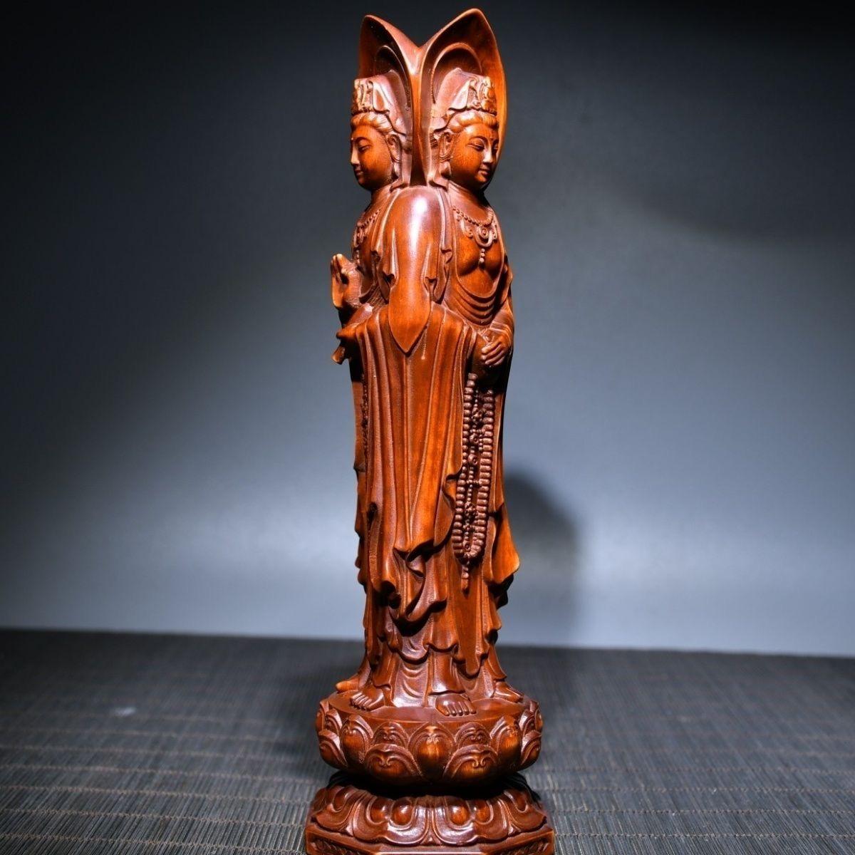 Chinese Vintage Wood Carving Three Sided Guan Yin Buddhas Statue For Sale 3