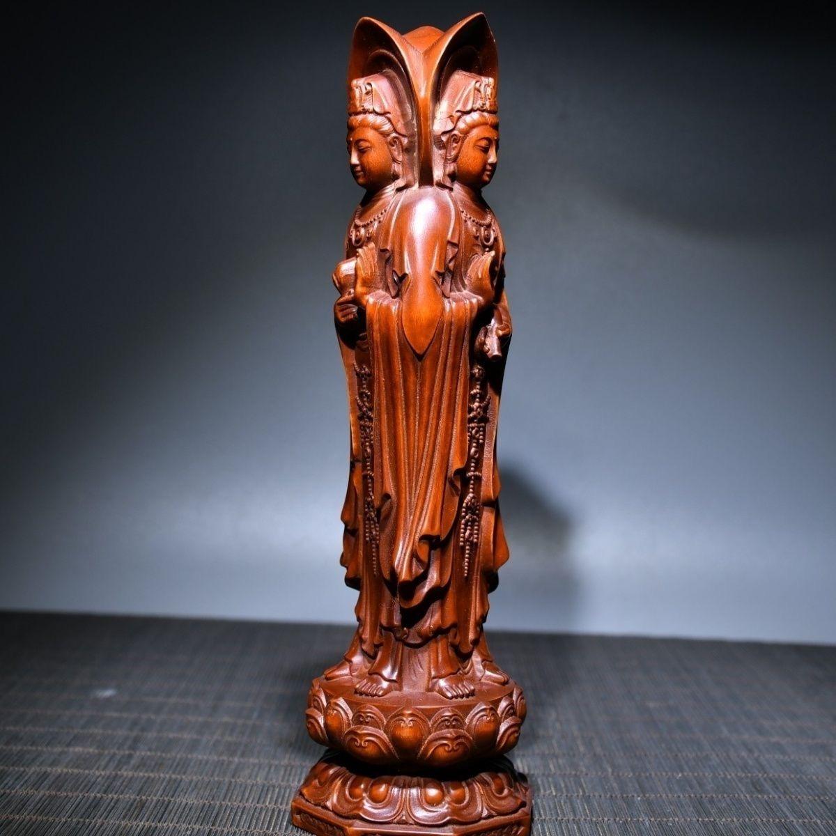 Chinese Vintage Wood Carving Three Sided Guan Yin Buddhas Statue For Sale 4