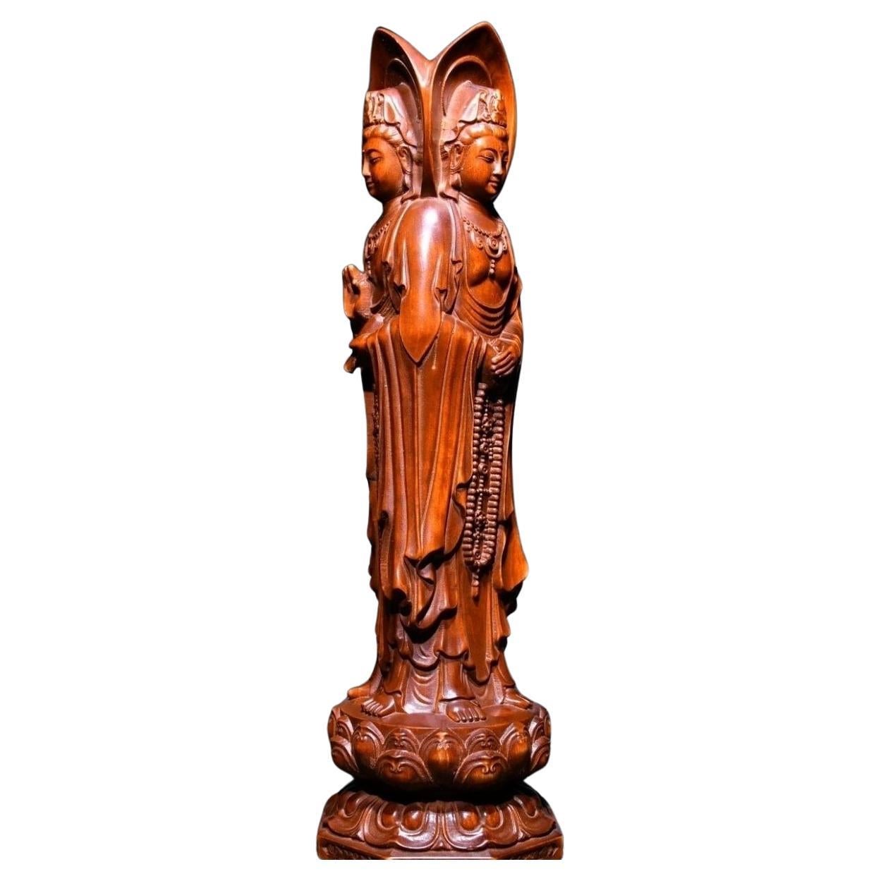 Chinese Vintage Wood Carving Three Sided Guan Yin Buddhas Statue For Sale