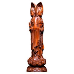 Chinese Vintage Wood Carving Three Sided Guan Yin Buddhas Statue