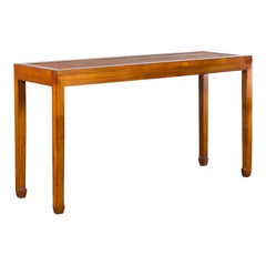 Chinese Vintage Wooden Console Table with Rattan Insert and Horse Hoof Feet