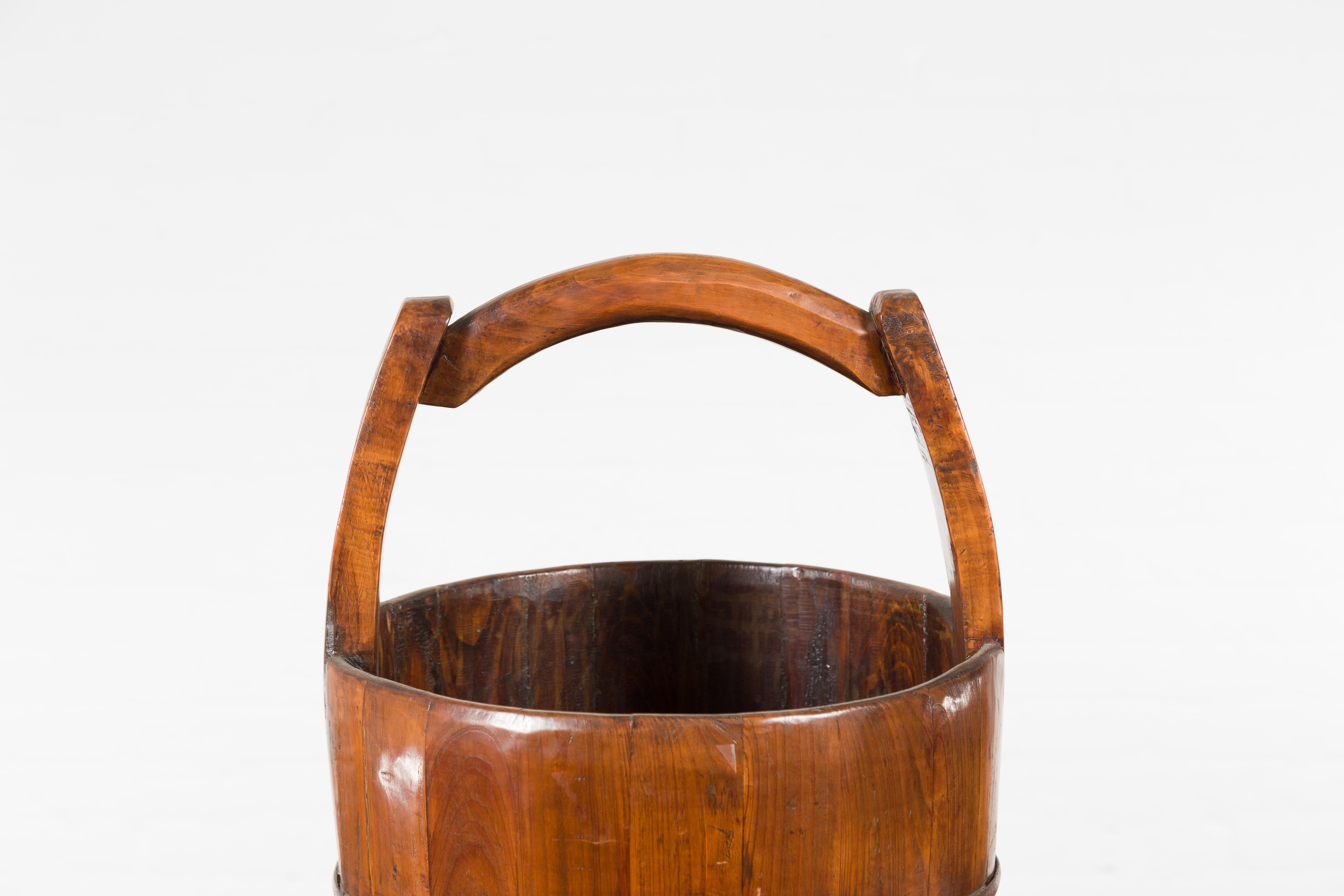 Chinese Vintage Wooden Grain Basket with Large Handle and Patina 1