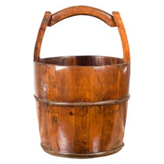 Chinese Vintage Wooden Grain Basket with Large Handle and Patina