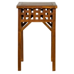Chinese Vintage Wooden Lamp Table with Geometric Design and Stretchers