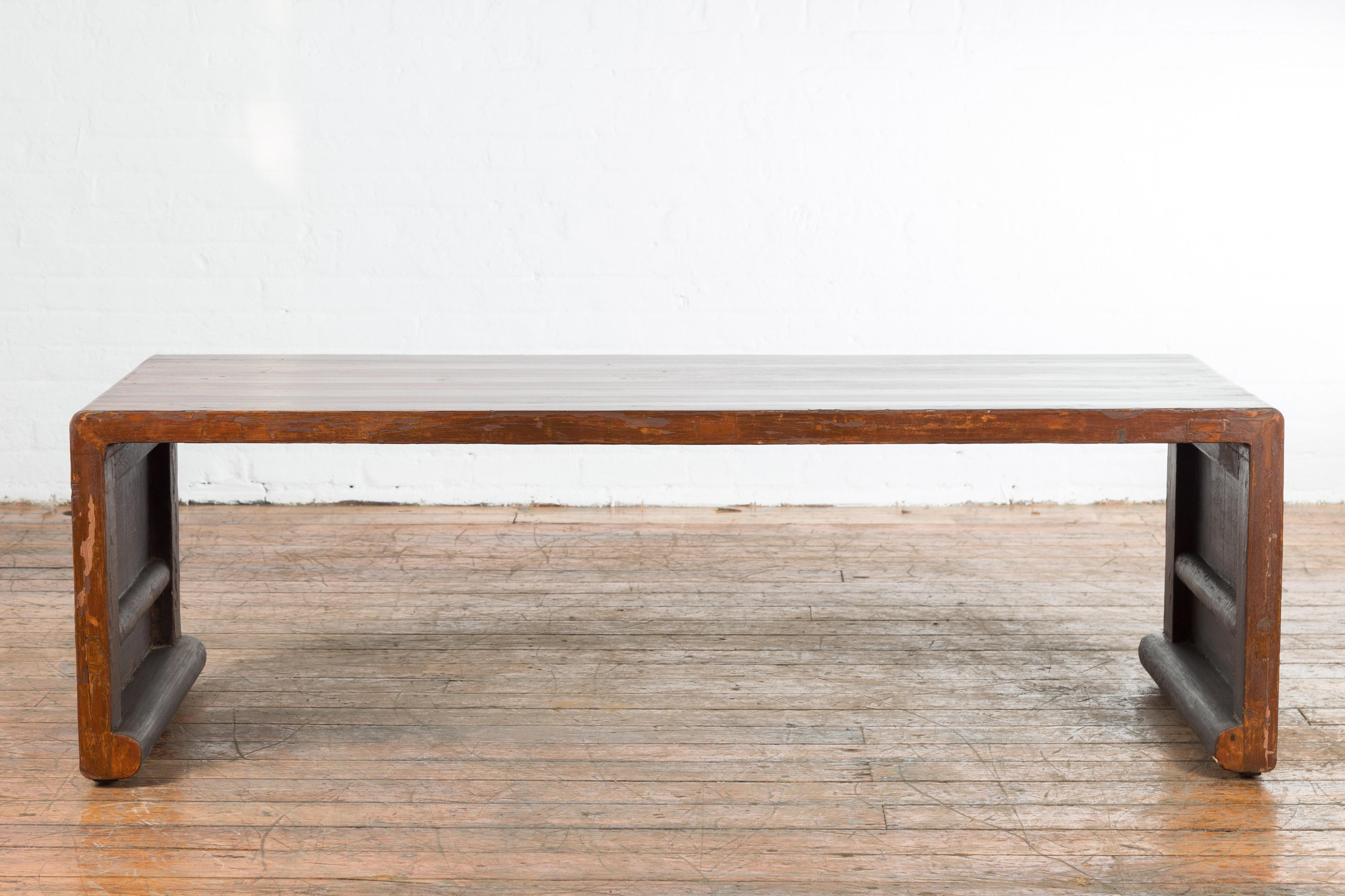 Chinese Vintage Wooden Waterfall Coffee Table with Distressed Patina and Scrolls For Sale 5