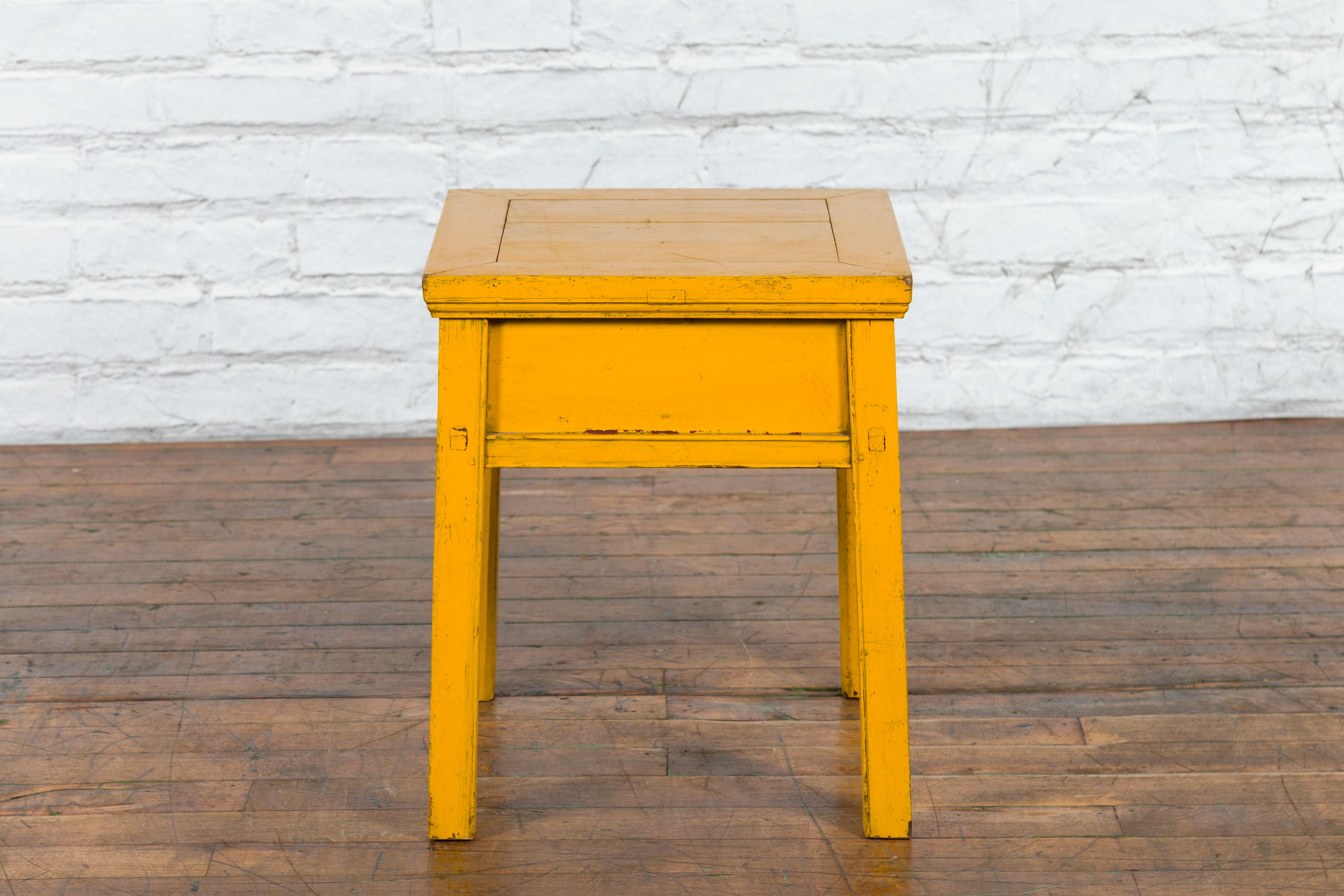 Chinese Vintage Yellow Lacquer Side Table with One Drawer and Distressed Finish 1