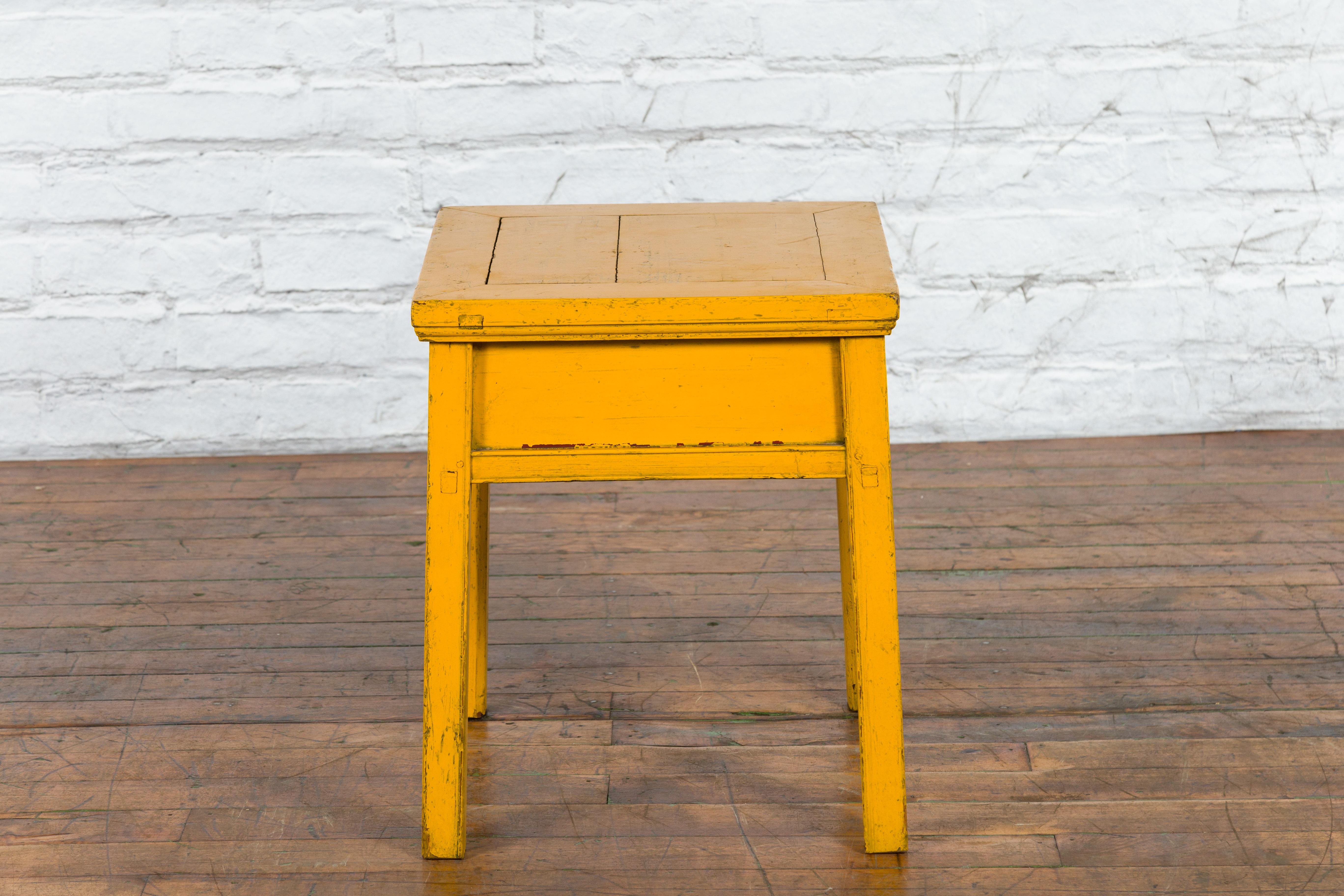 Chinese Vintage Yellow Lacquer Side Table with One Drawer and Distressed Finish 2