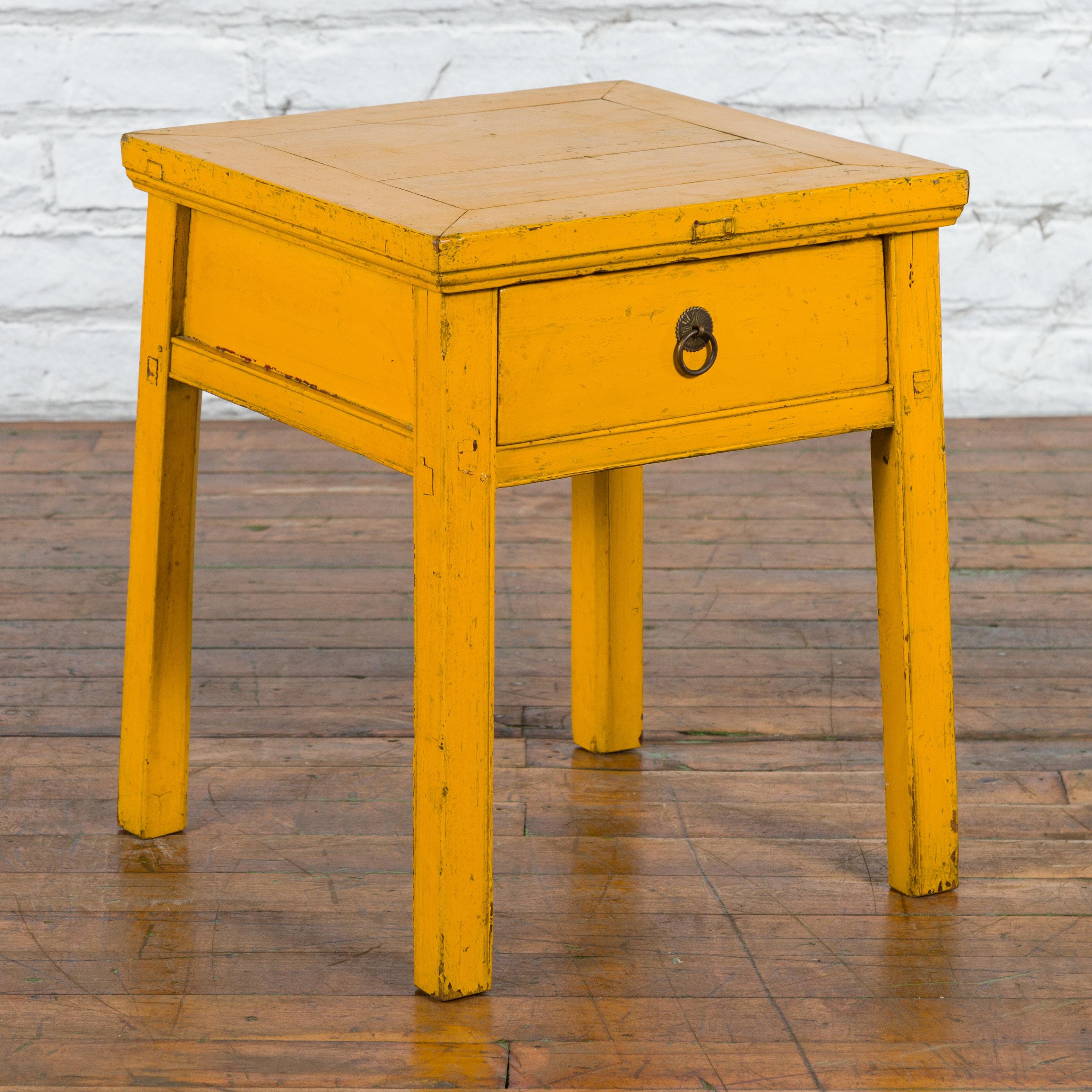 Chinese Vintage Yellow Lacquer Side Table with One Drawer and Distressed Finish 3