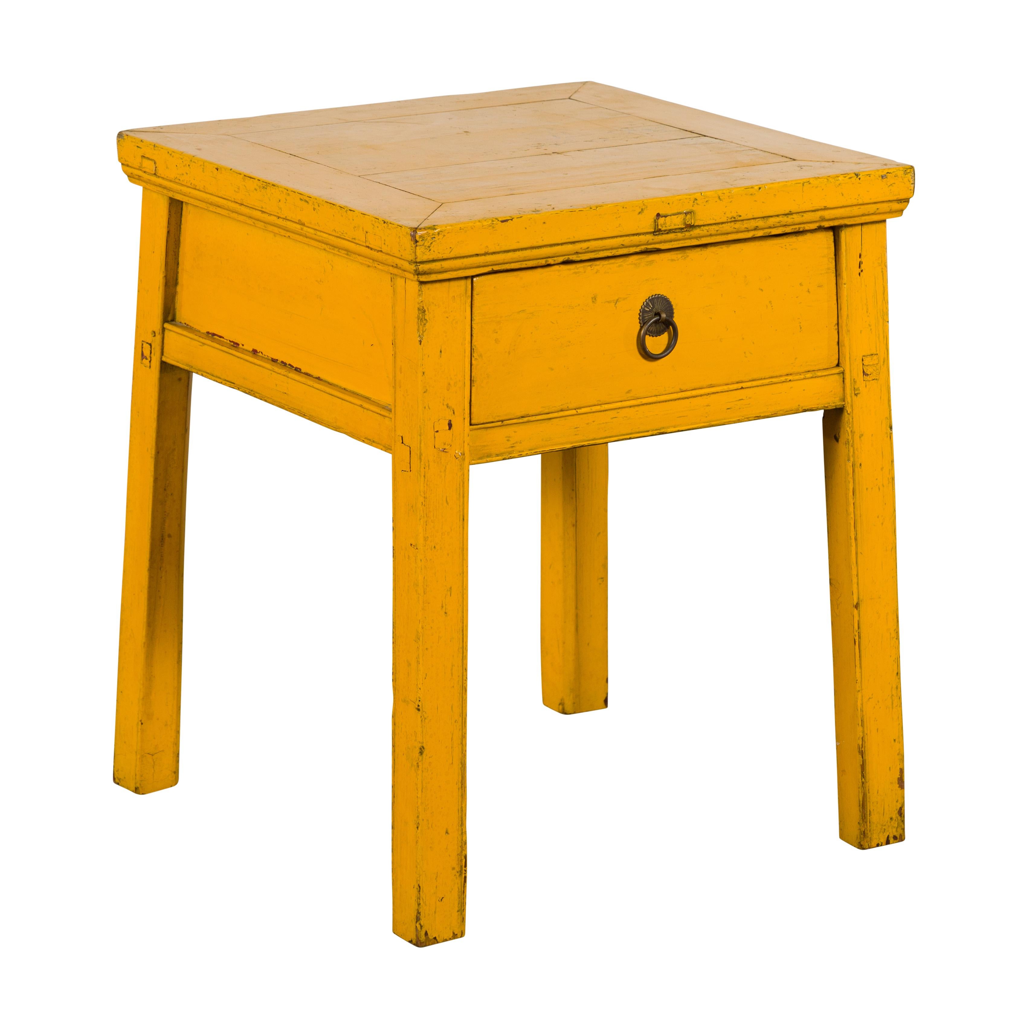 Chinese Vintage Yellow Lacquer Side Table with One Drawer and Distressed Finish 4