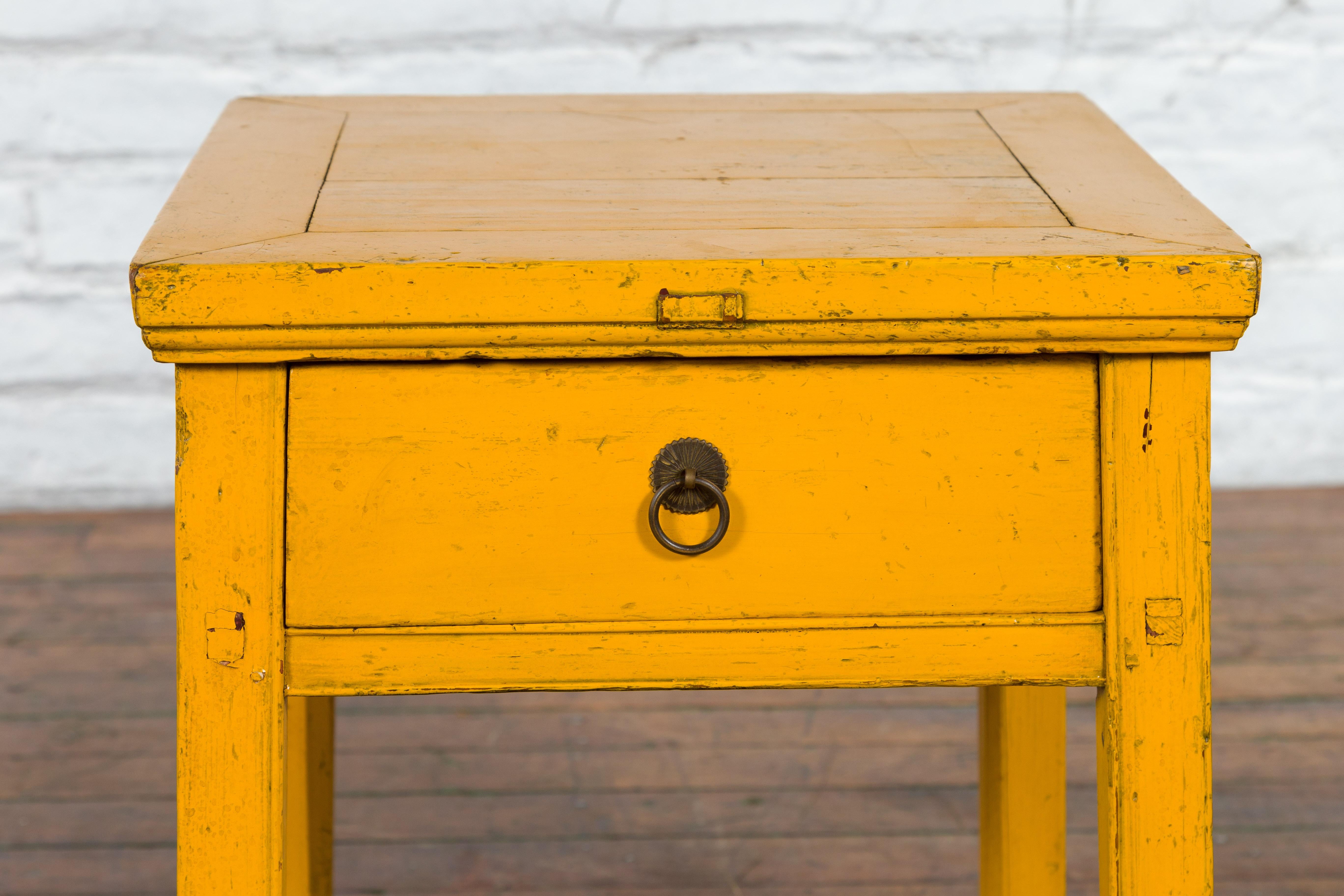 Chinese Vintage Yellow Lacquer Side Table with One Drawer and