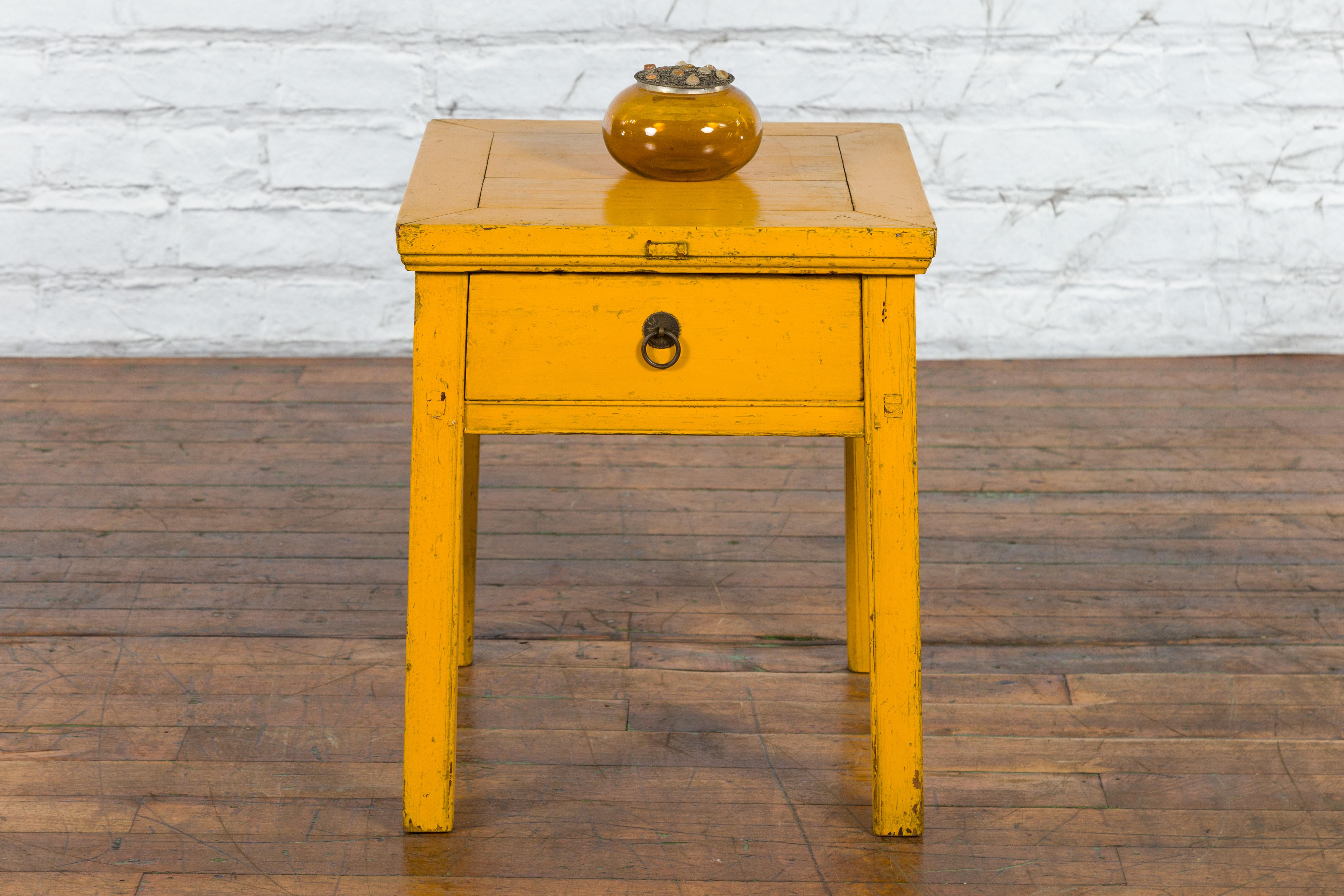 Lacquered Chinese Vintage Yellow Lacquer Side Table with One Drawer and Distressed Finish