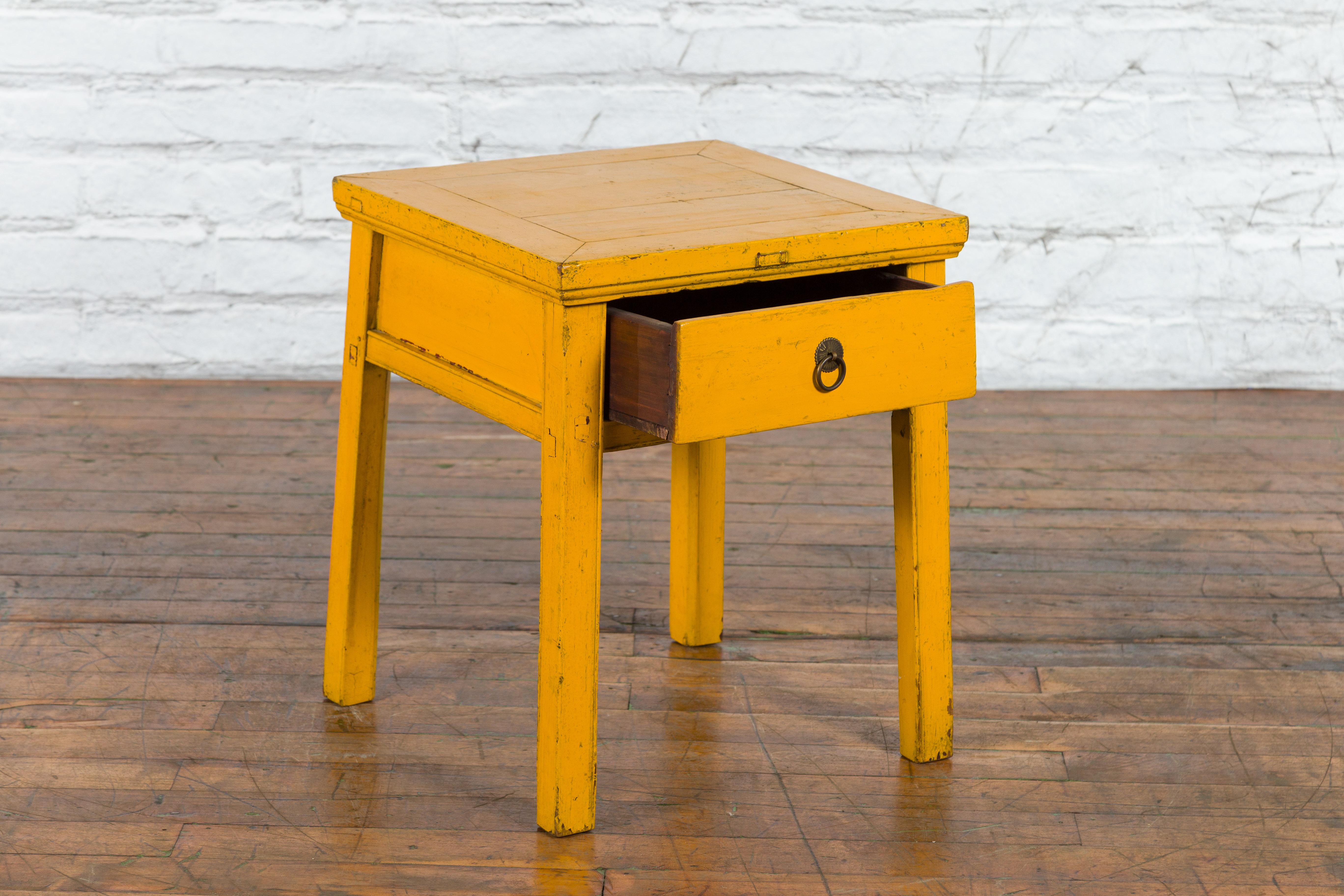 Chinese Vintage Yellow Lacquer Side Table with One Drawer and Distressed Finish In Good Condition In Yonkers, NY