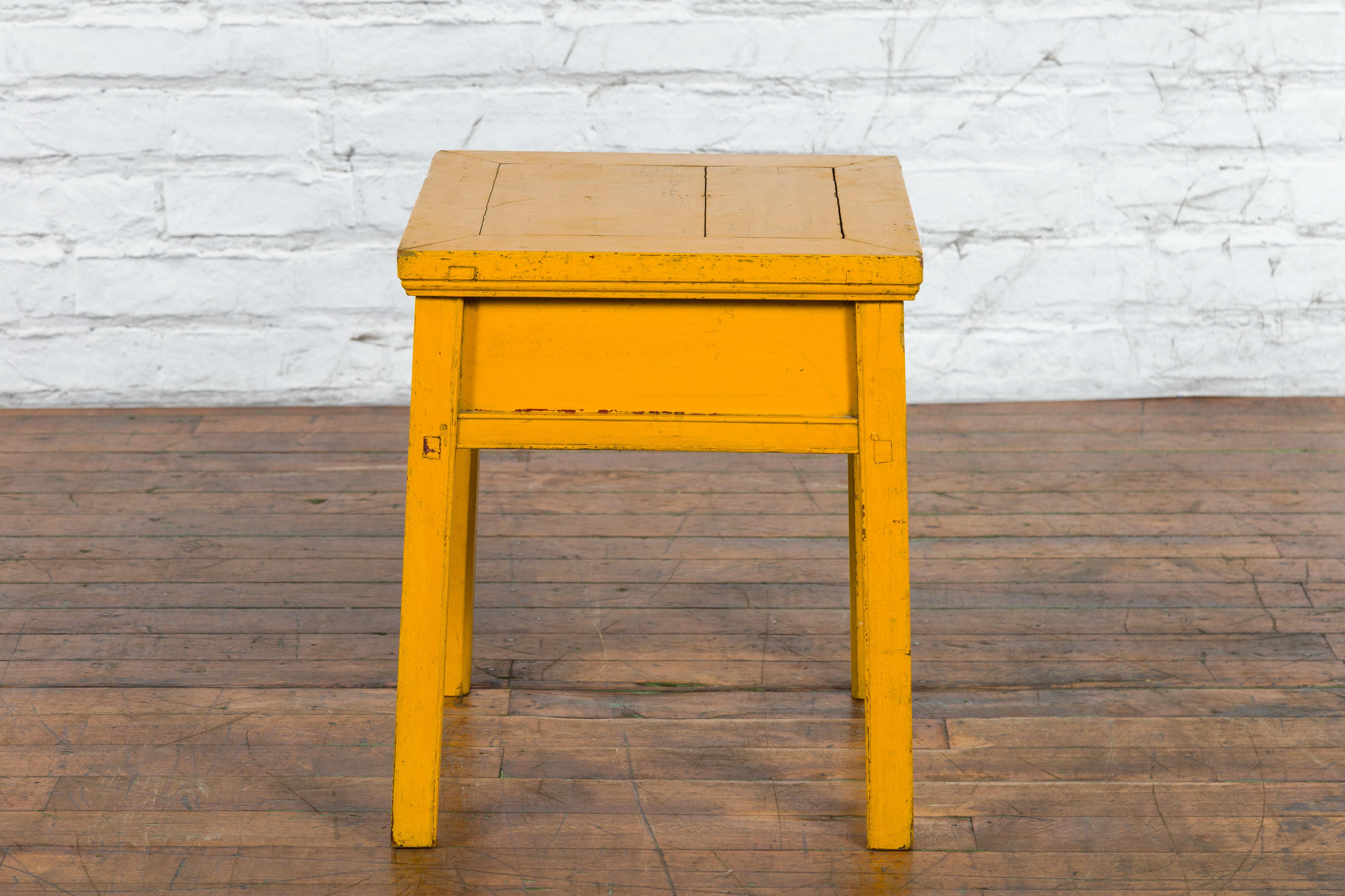 Brass Chinese Vintage Yellow Lacquer Side Table with One Drawer and Distressed Finish