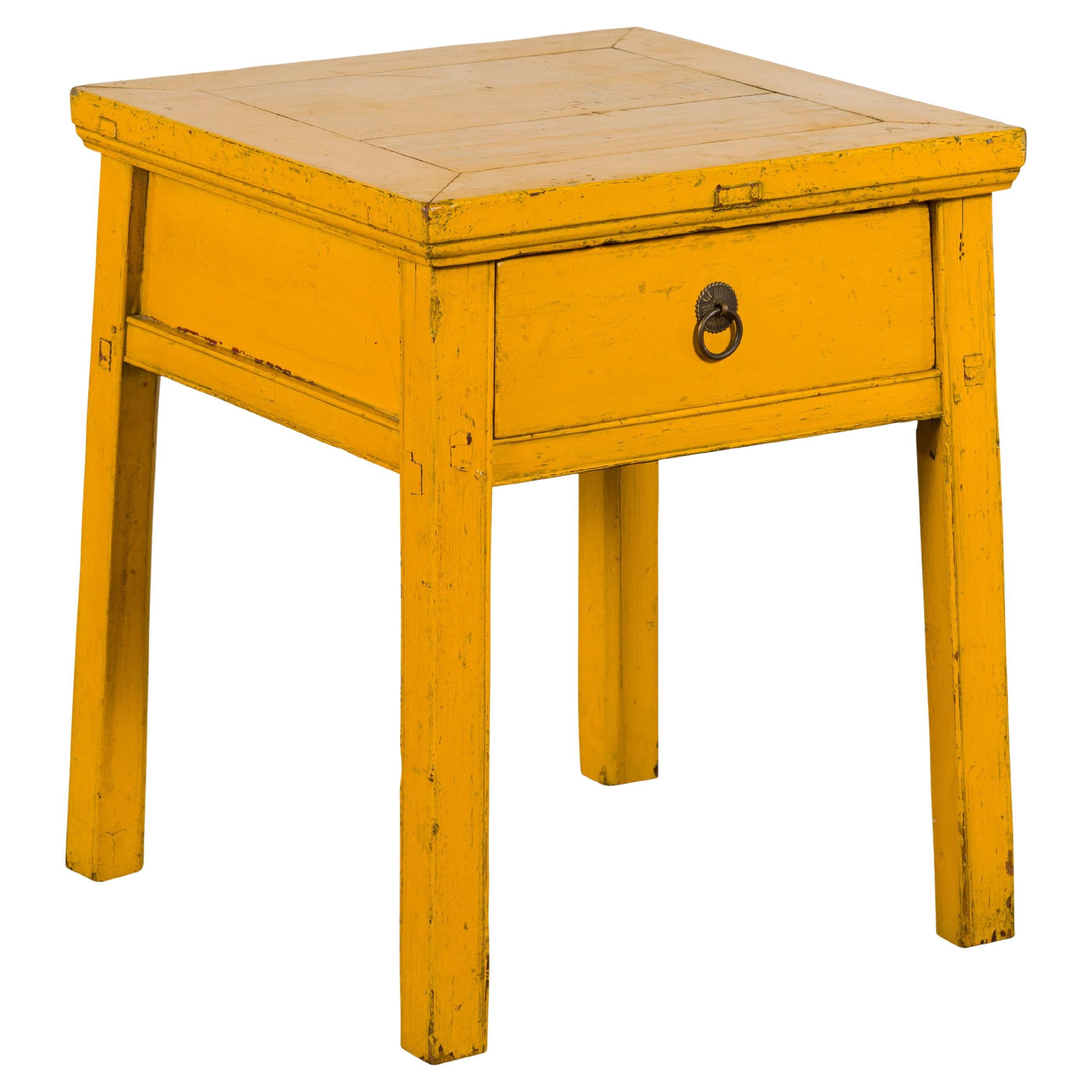 Chinese Vintage Yellow Lacquer Side Table with One Drawer and Distressed Finish