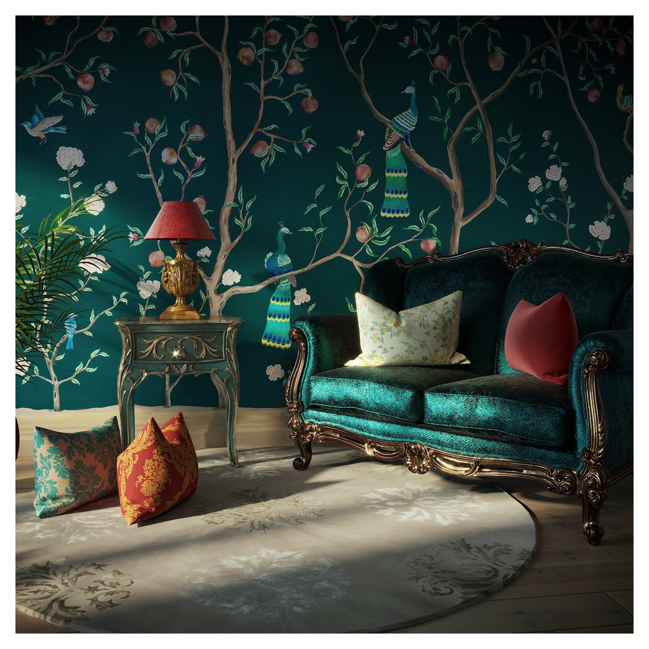 Chinese Wallpaper Handpainted Peacock Garden Chinoiserie Handmade For Sale