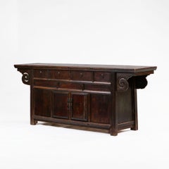 Antique Chinese Walnut Sideboard with Carved Scroll Details
