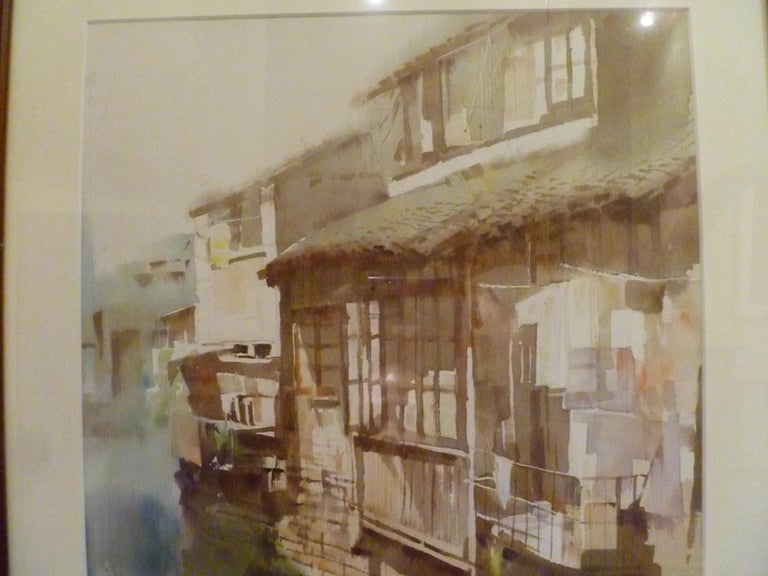 Modern Chinese Water Color Painting of Riverside Village For Sale