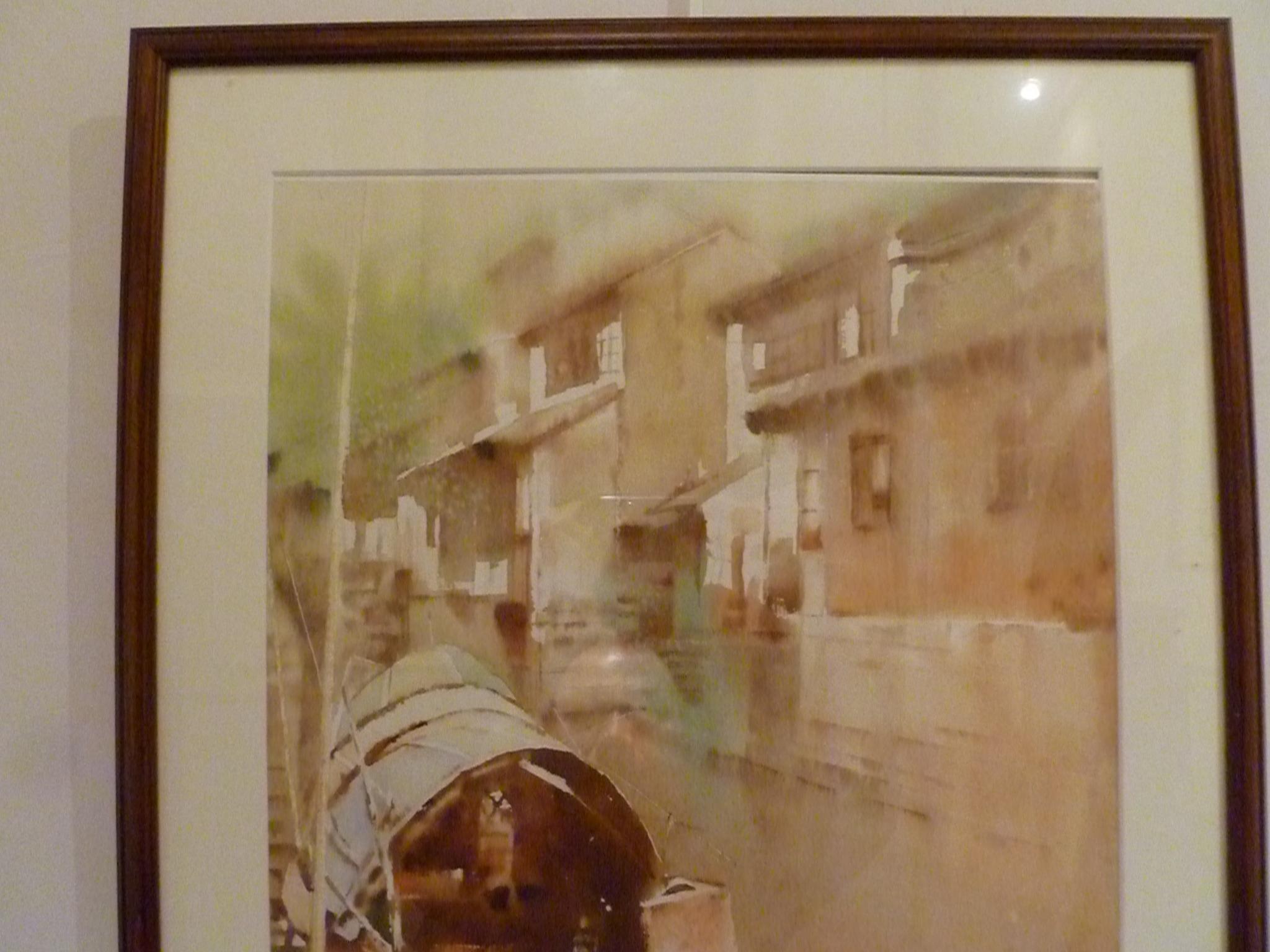 Modern Chinese Water Color Painting of Riverside Village with Boat For Sale