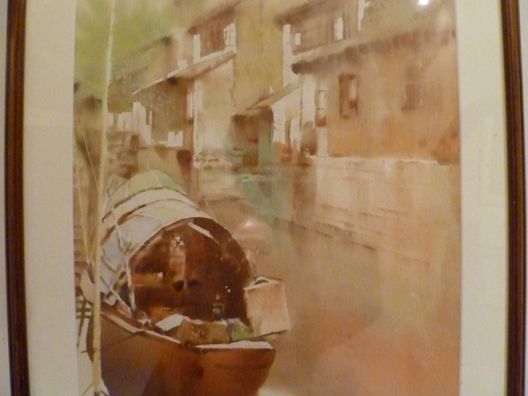 Painted Chinese Water Color Painting of Riverside Village with Boat For Sale