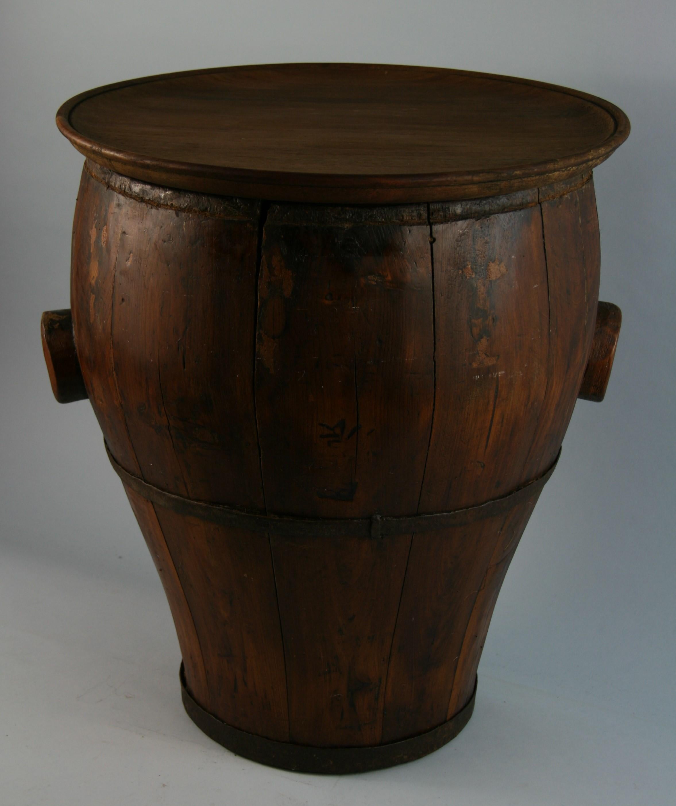 3-611 Chinese  rice  storage barrel converted into side table/drink table.