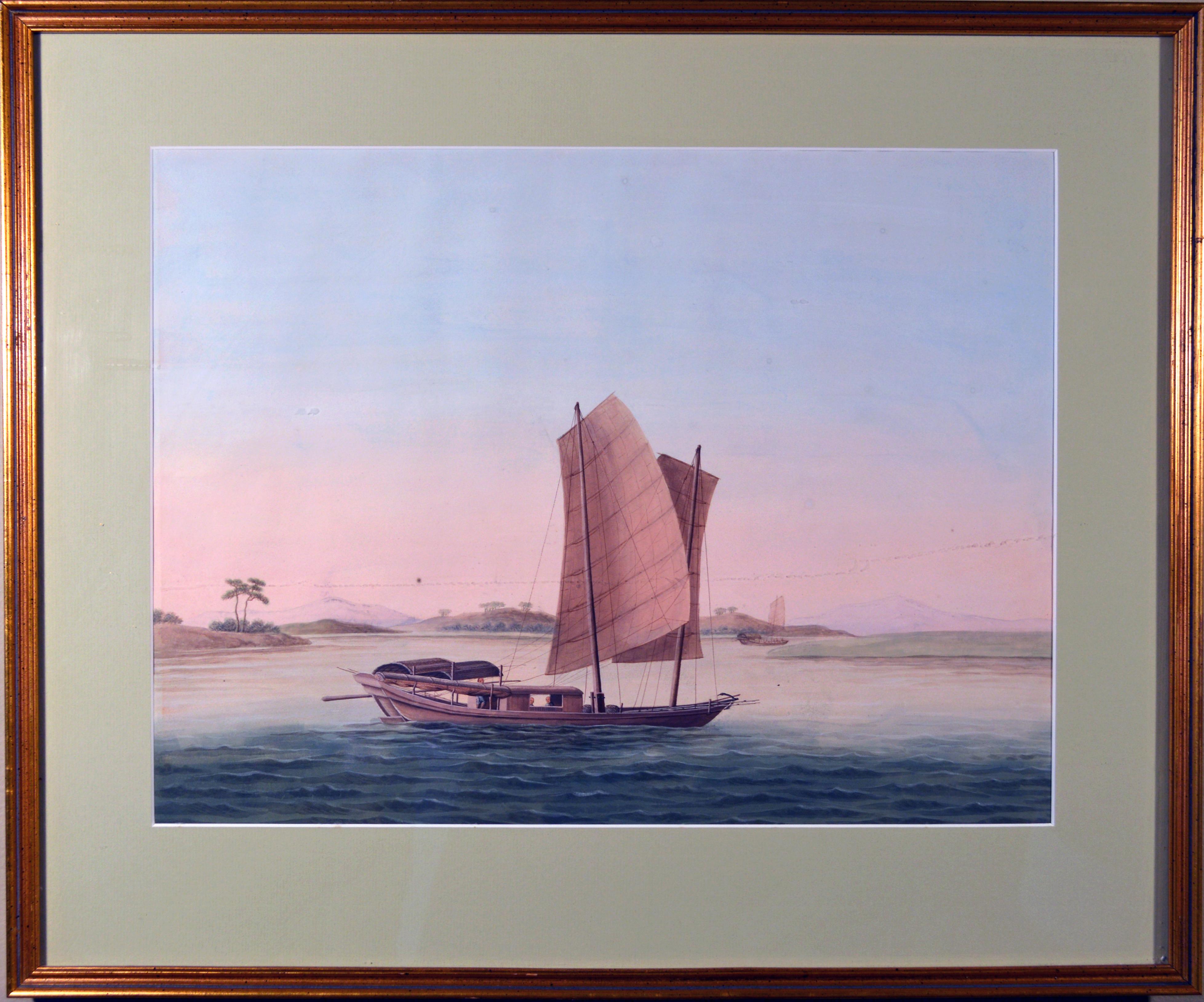 The large Chinese watercolor on European paper depicts a starboard view of a two-master sailing ship with one man sailing the vessel while two passengers can clearly be seen inside through the open window.

 Another vessel can be seen in the