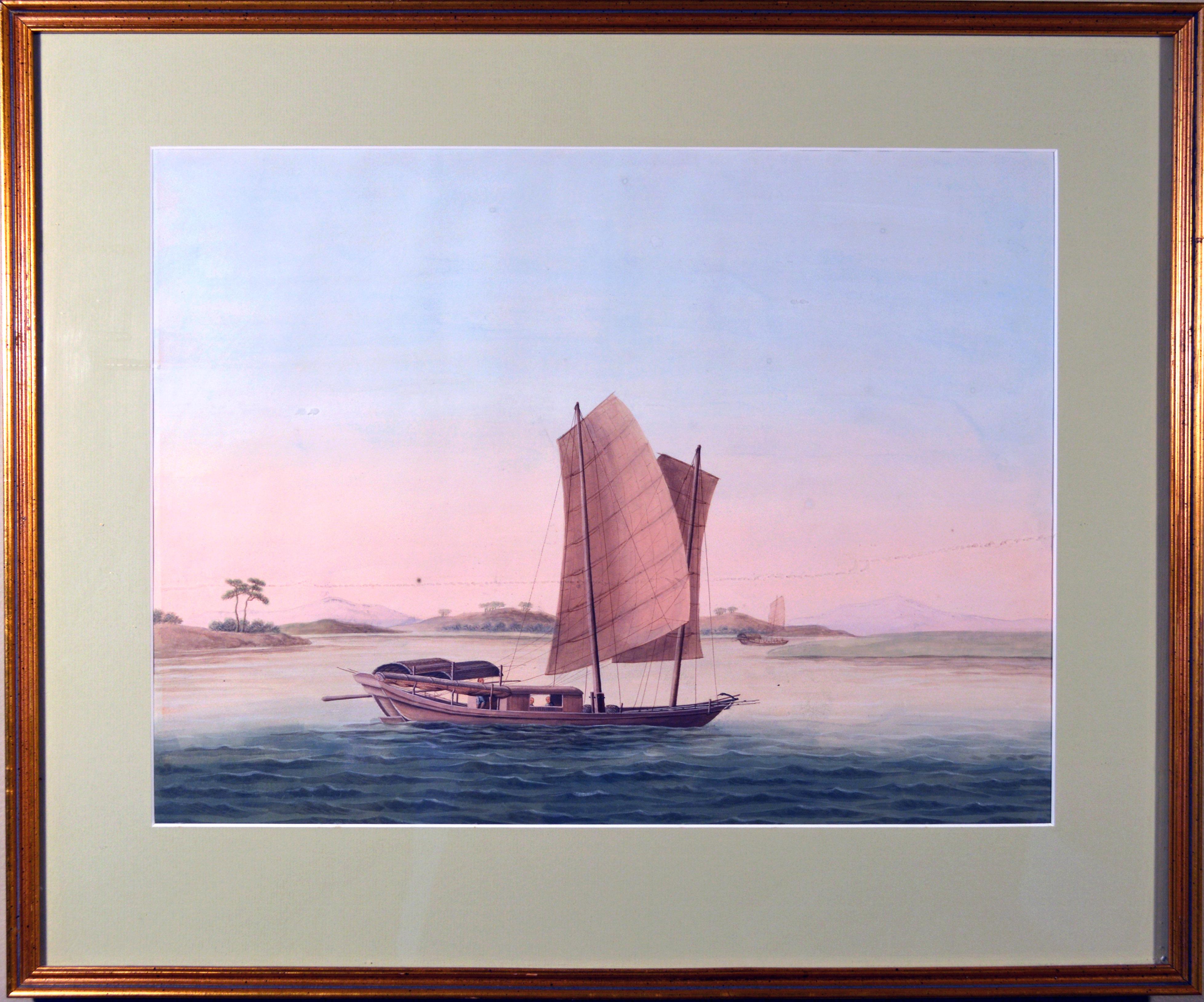Chinese Watercolor of a Sampan on Paper, circa 1800 For Sale 3