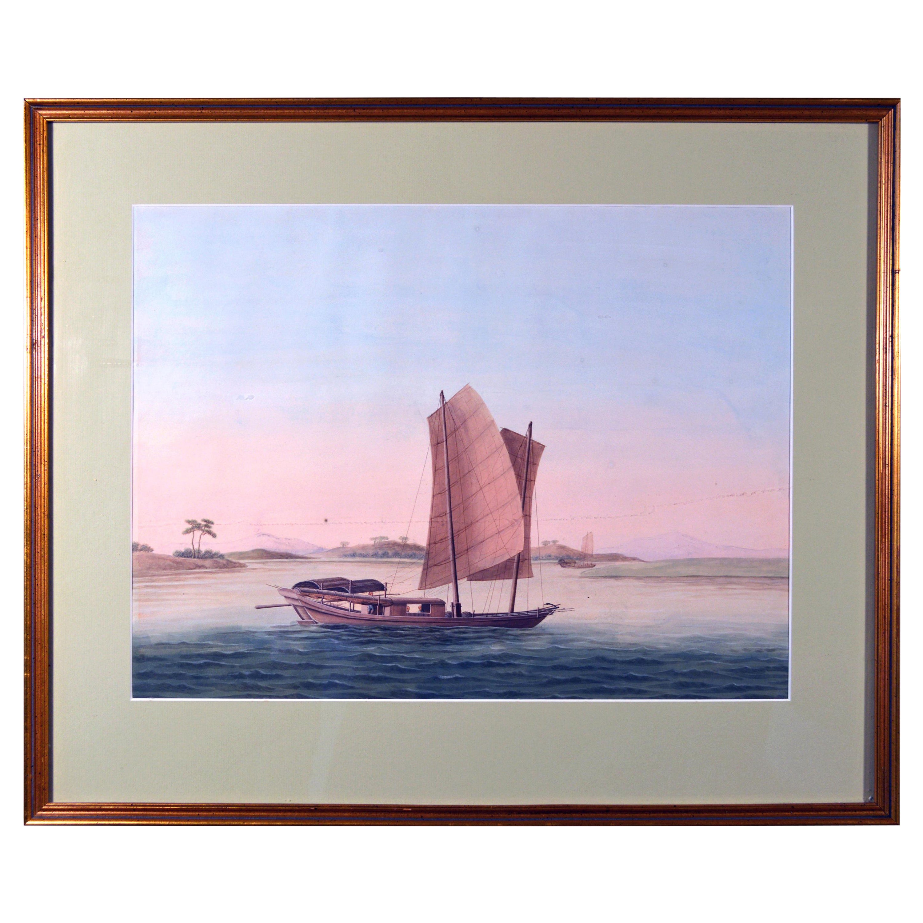 Aquarelle chinoise d'un Sampan sur papier, datant d'environ 1800
