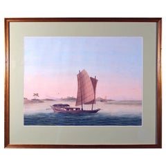 Aquarelle chinoise d'un Sampan sur papier, datant d'environ 1800