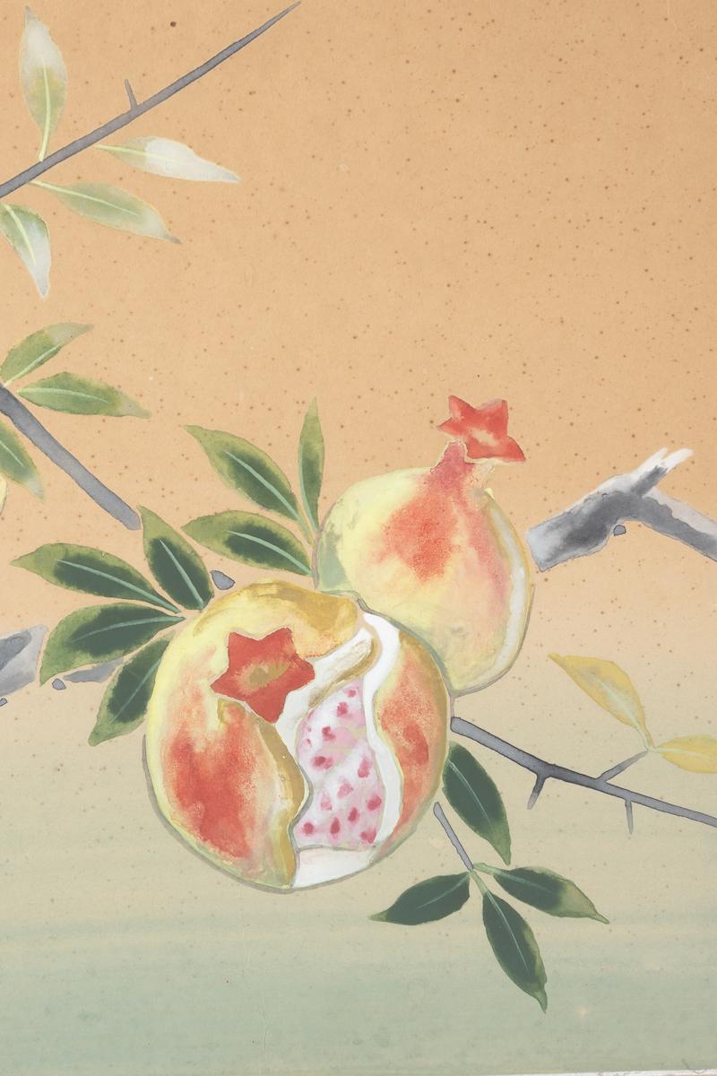 Exportation chinoise Etude chinoise d'une branche de grenadier Peinture aquarelle signée en vente
