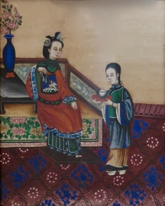 Chinese Watercolor Pith Painting Circa 1852 "Consort Being Served Tea" by Eunuch